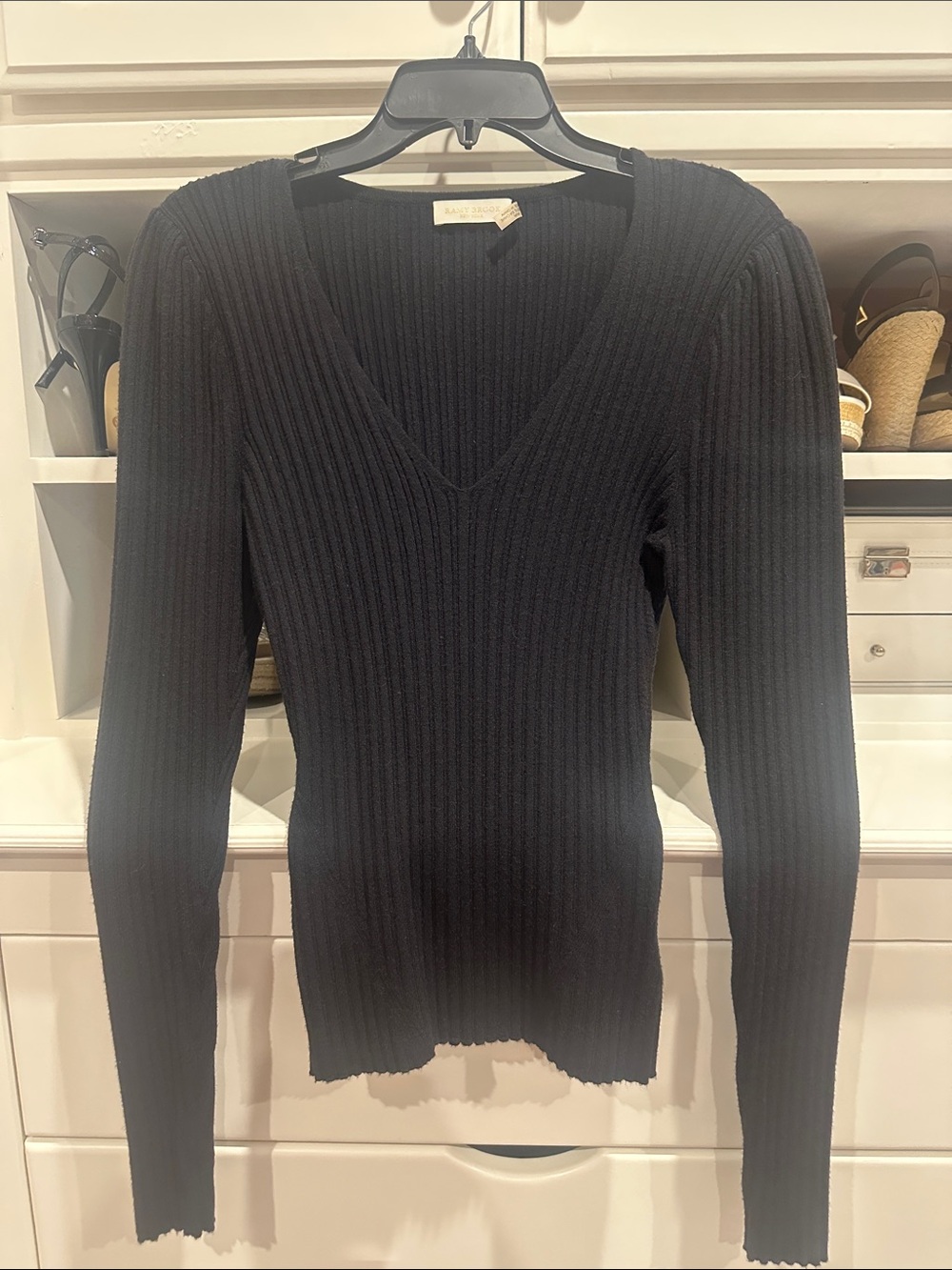 Ramy Brook Black Ribbed V-Neck Slim Sweater